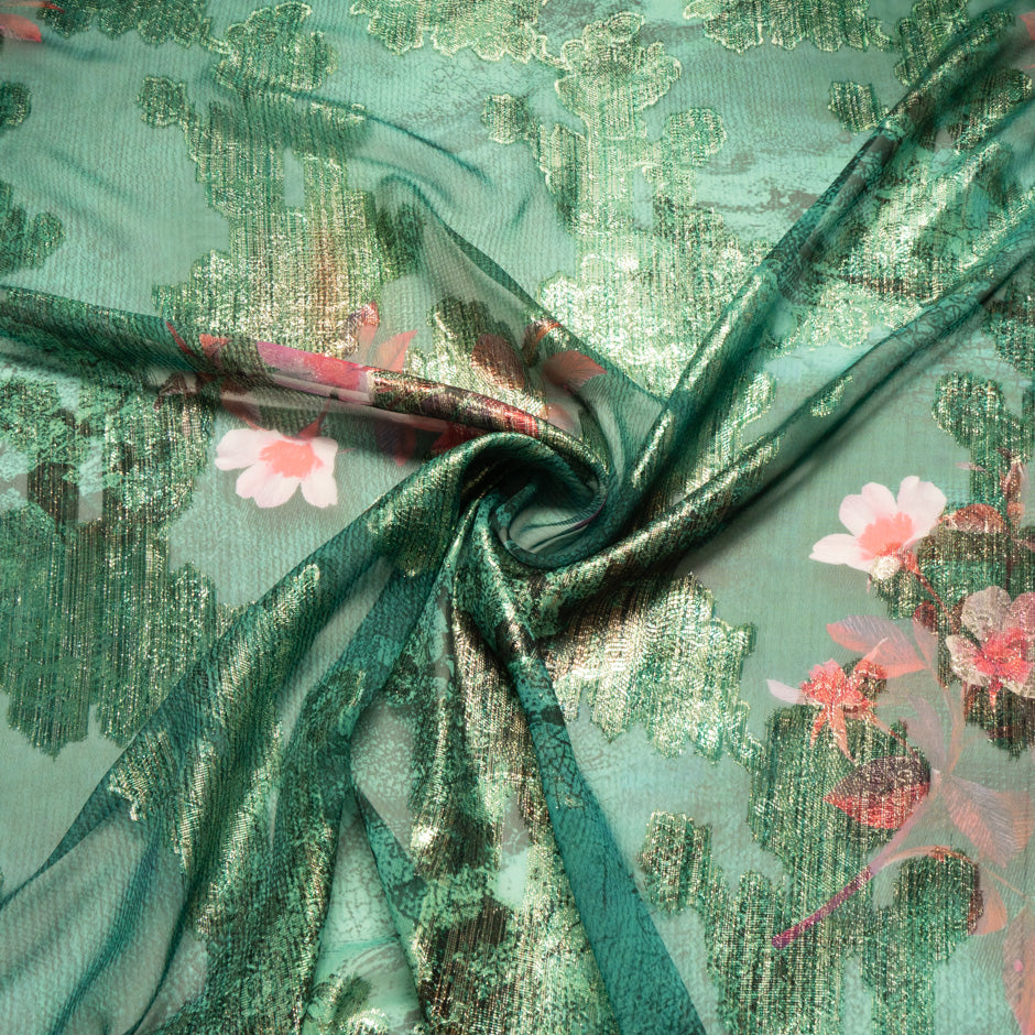 Floral Printed Green Silk Chiffon Metallic Jacquard