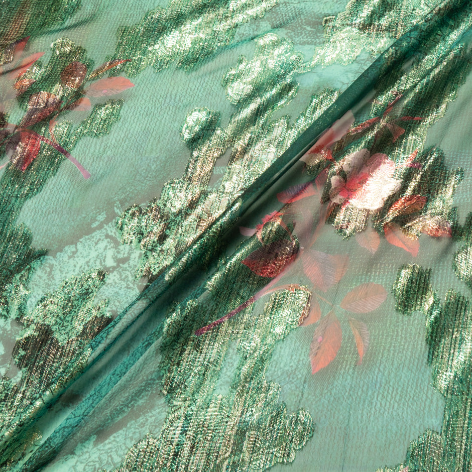 Floral Printed Green Silk Chiffon Metallic Jacquard