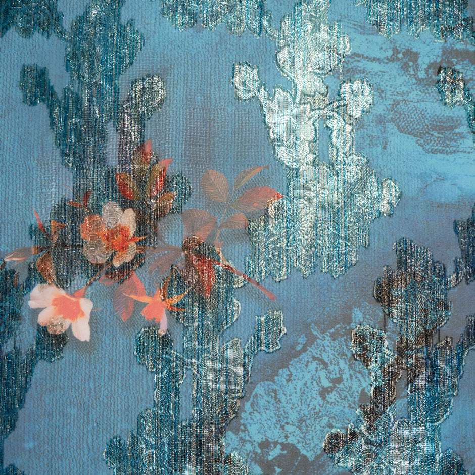 Floral Printed Blue Silk Chiffon Metallic Jacquard