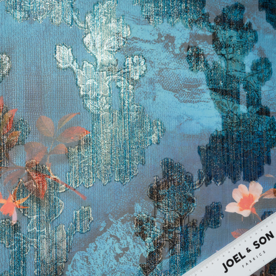 Floral Printed Blue Silk Chiffon Metallic Jacquard