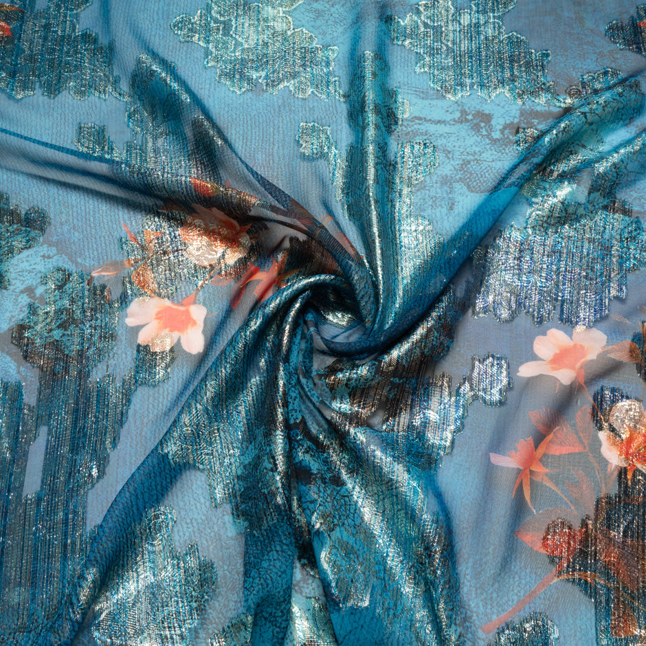 Floral Printed Blue Silk Chiffon Metallic Jacquard