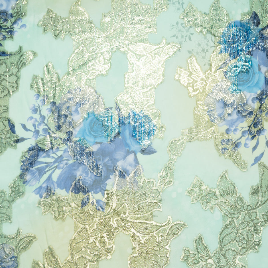 Floral Printed Mint Silk Chiffon Metallic Jacquard