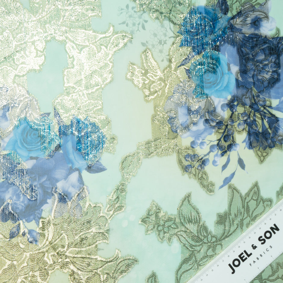 Floral Printed Mint Silk Chiffon Metallic Jacquard