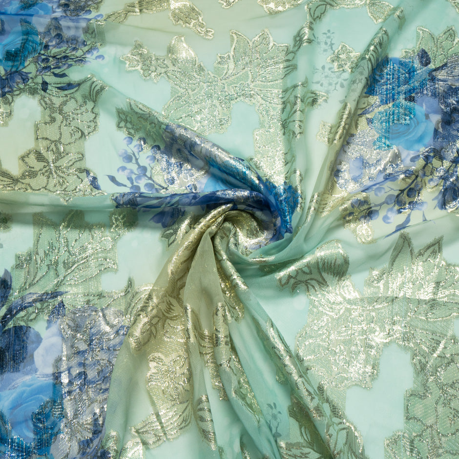 Floral Printed Mint Silk Chiffon Metallic Jacquard