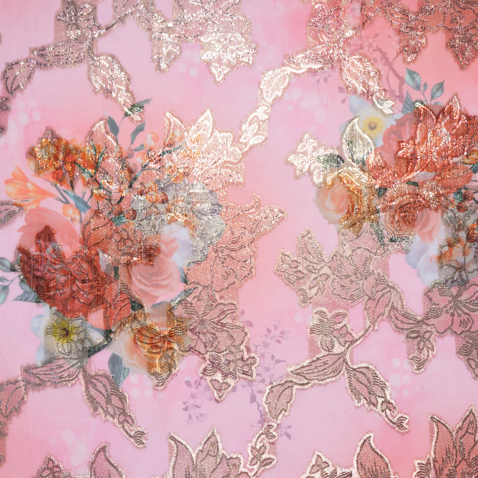 Floral Printed Pink Silk Chiffon Metallic Jacquard