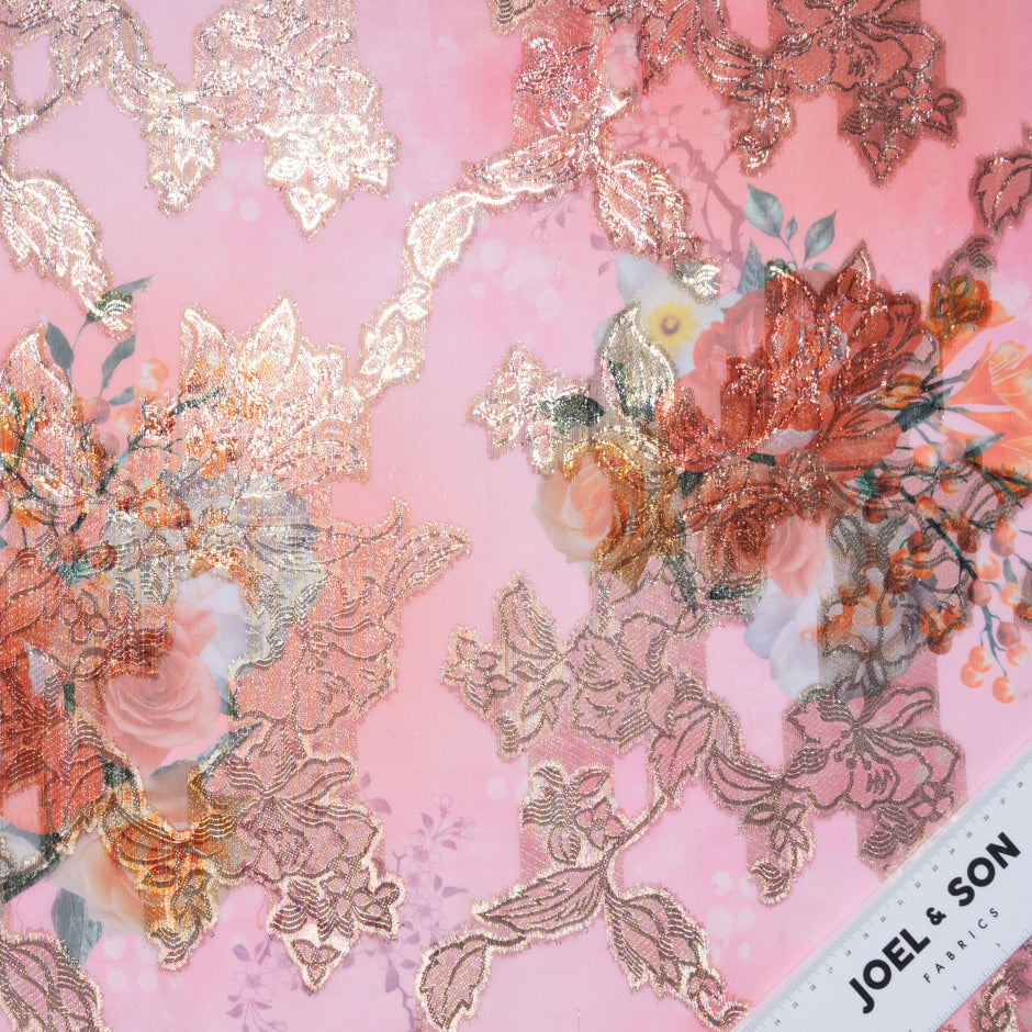 Floral Printed Pink Silk Chiffon Metallic Jacquard