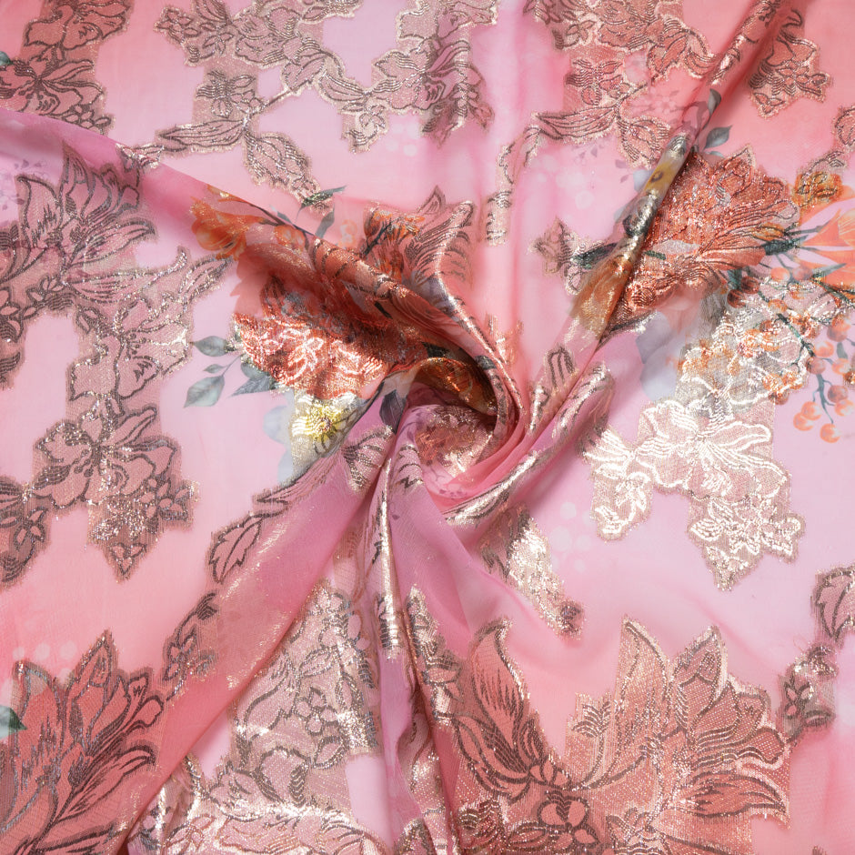 Floral Printed Pink Silk Chiffon Metallic Jacquard