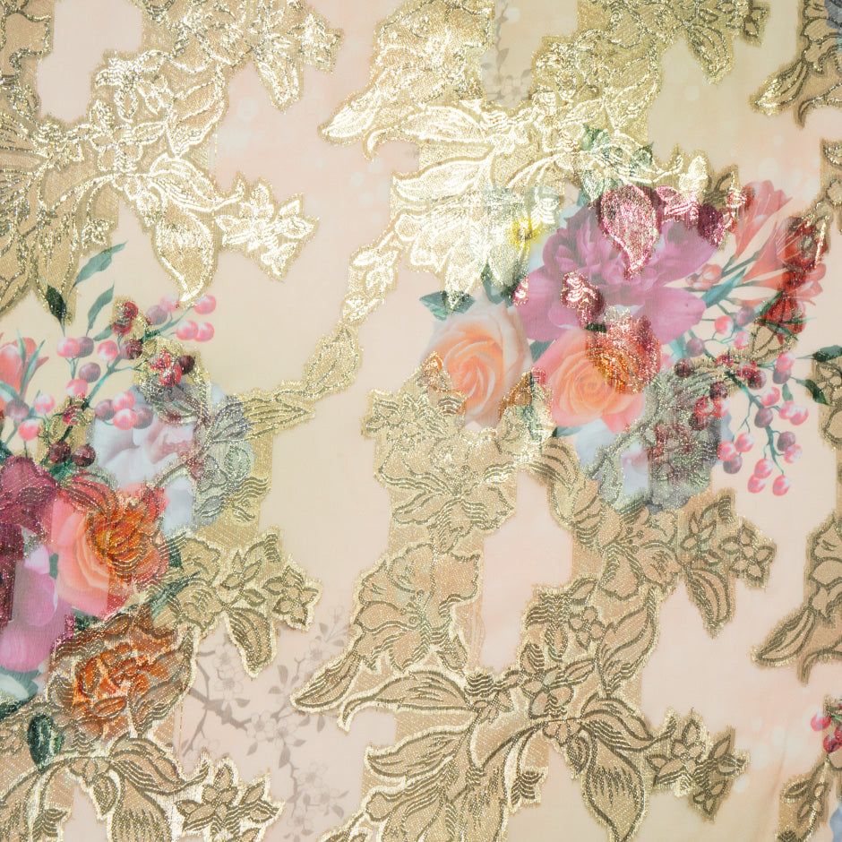 Floral Printed Beige Silk Chiffon Metallic Jacquard