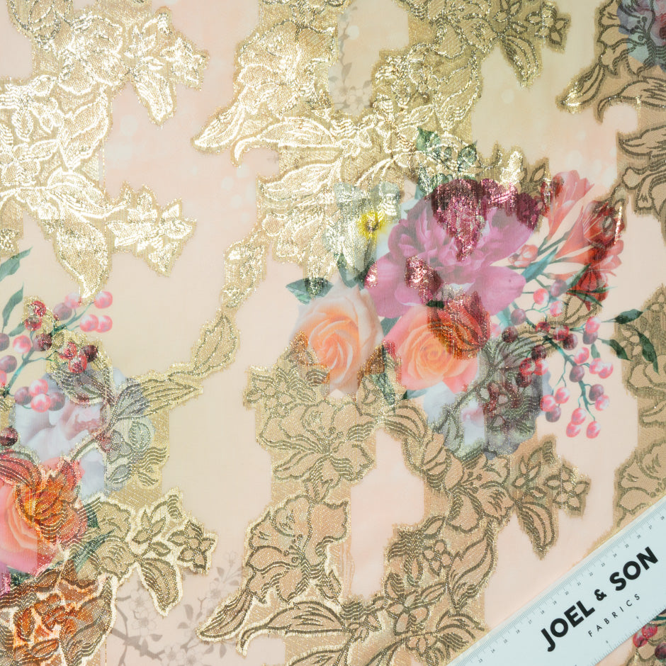 Floral Printed Beige Silk Chiffon Metallic Jacquard
