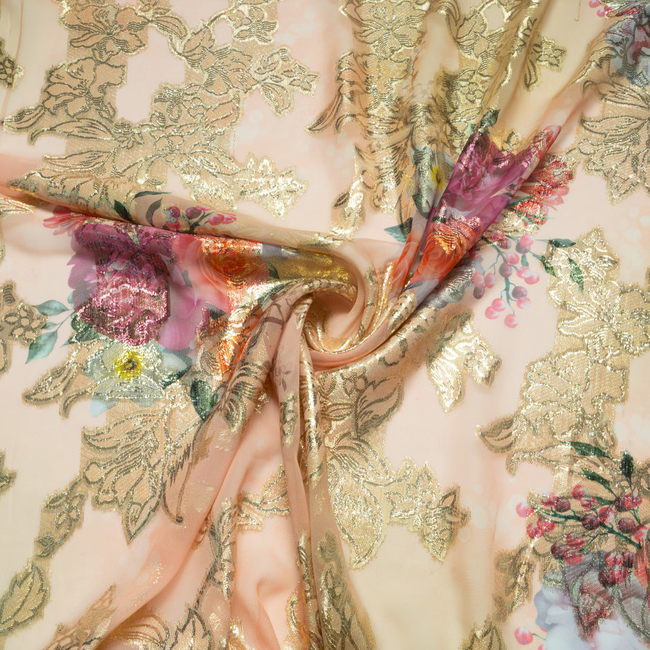 Floral Printed Beige Silk Chiffon Metallic Jacquard