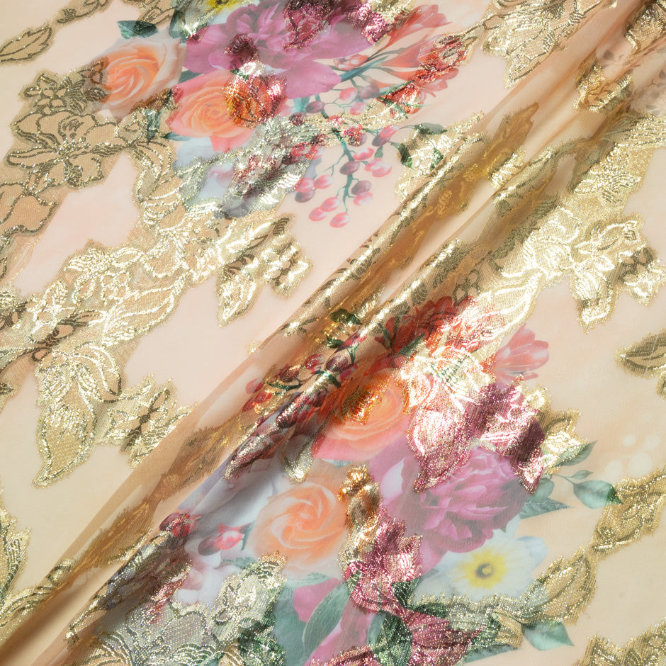 Floral Printed Beige Silk Chiffon Metallic Jacquard