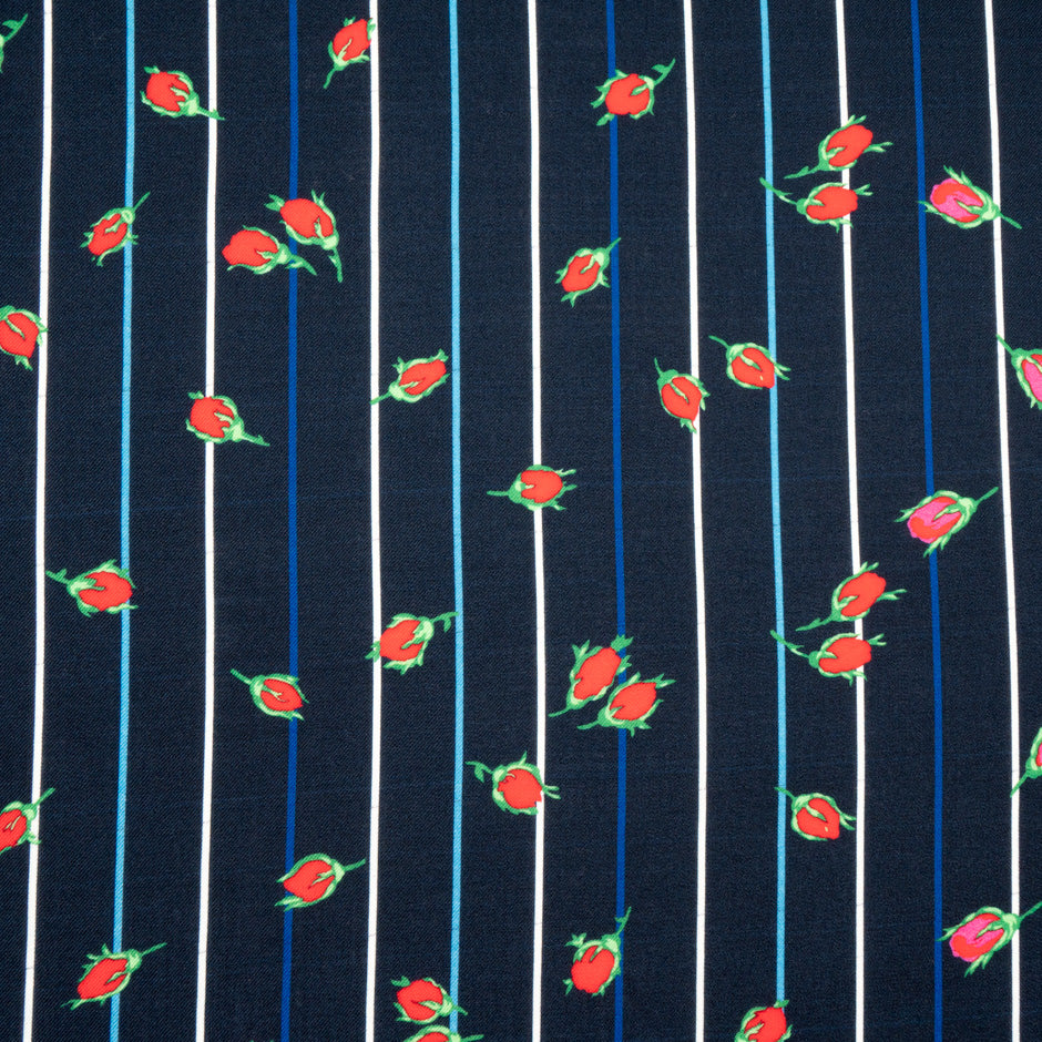 Pink Floral Printed Blue Striped Merino Wool