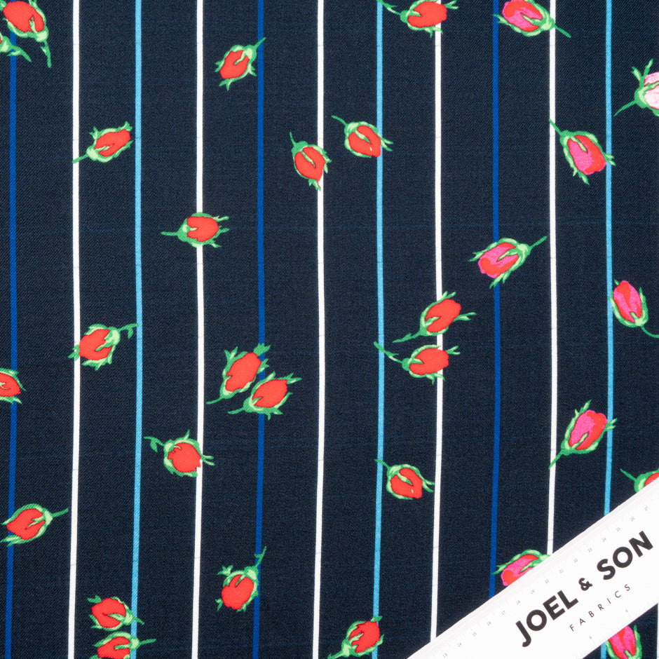 Pink Floral Printed Blue Striped Merino Wool