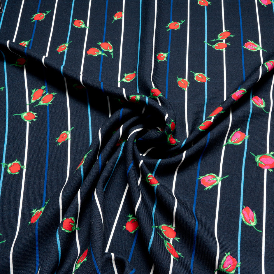 Pink Floral Printed Blue Striped Merino Wool