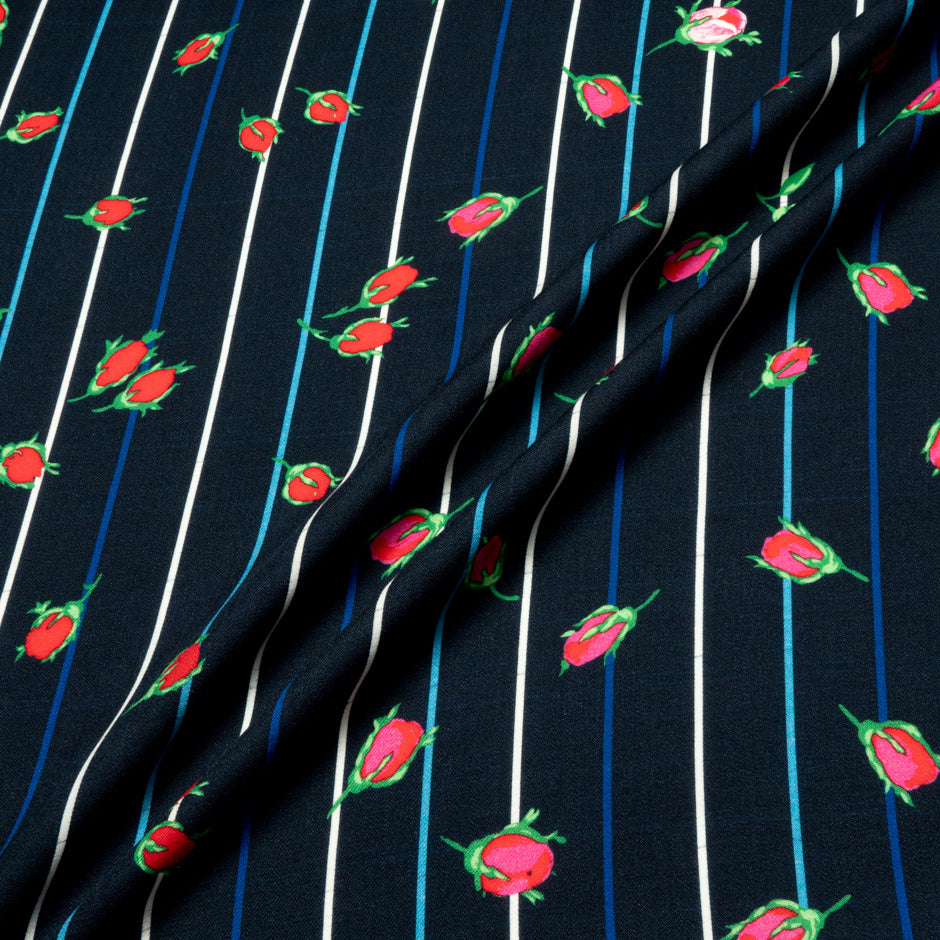 Pink Floral Printed Blue Striped Merino Wool