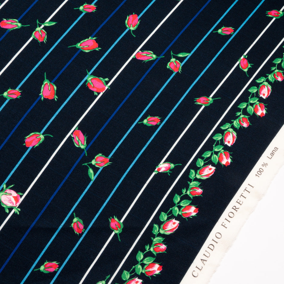 Pink Floral Printed Blue Striped Merino Wool