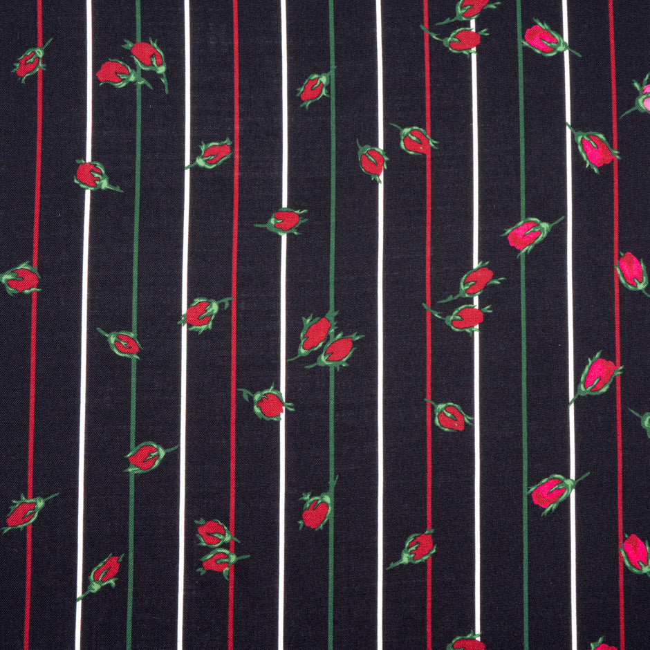 Floral Printed Black Striped Merino Wool