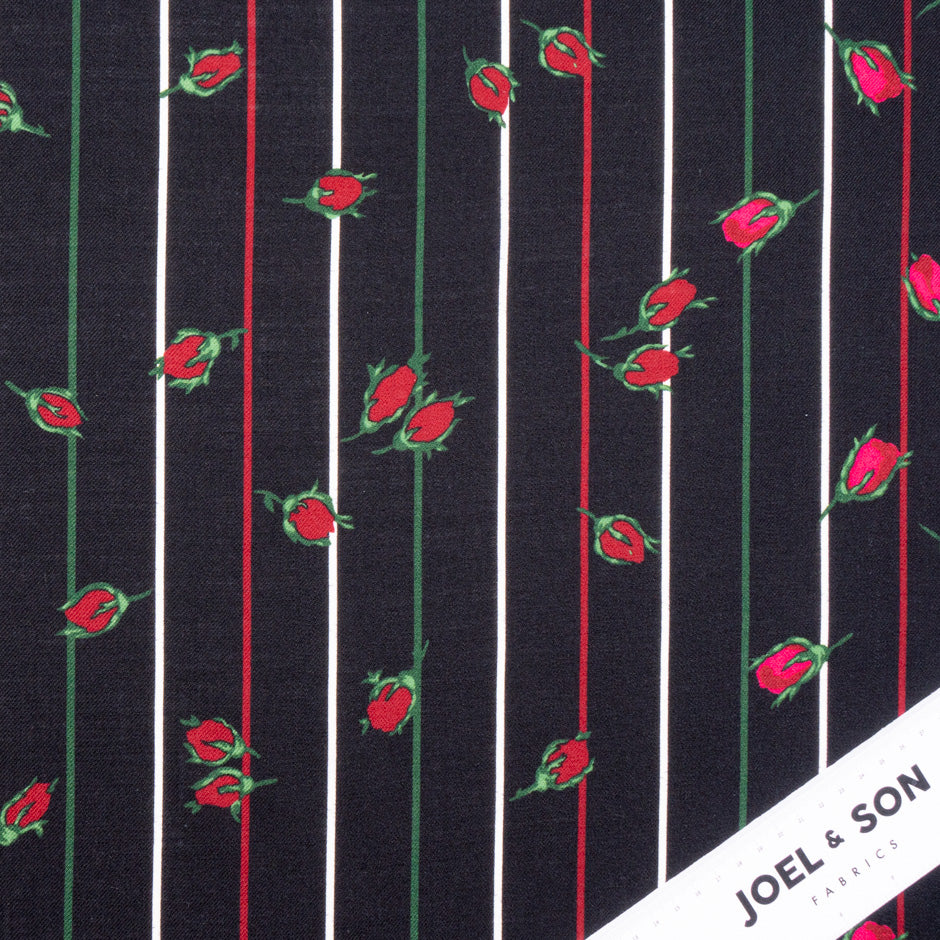 Floral Printed Black Striped Merino Wool