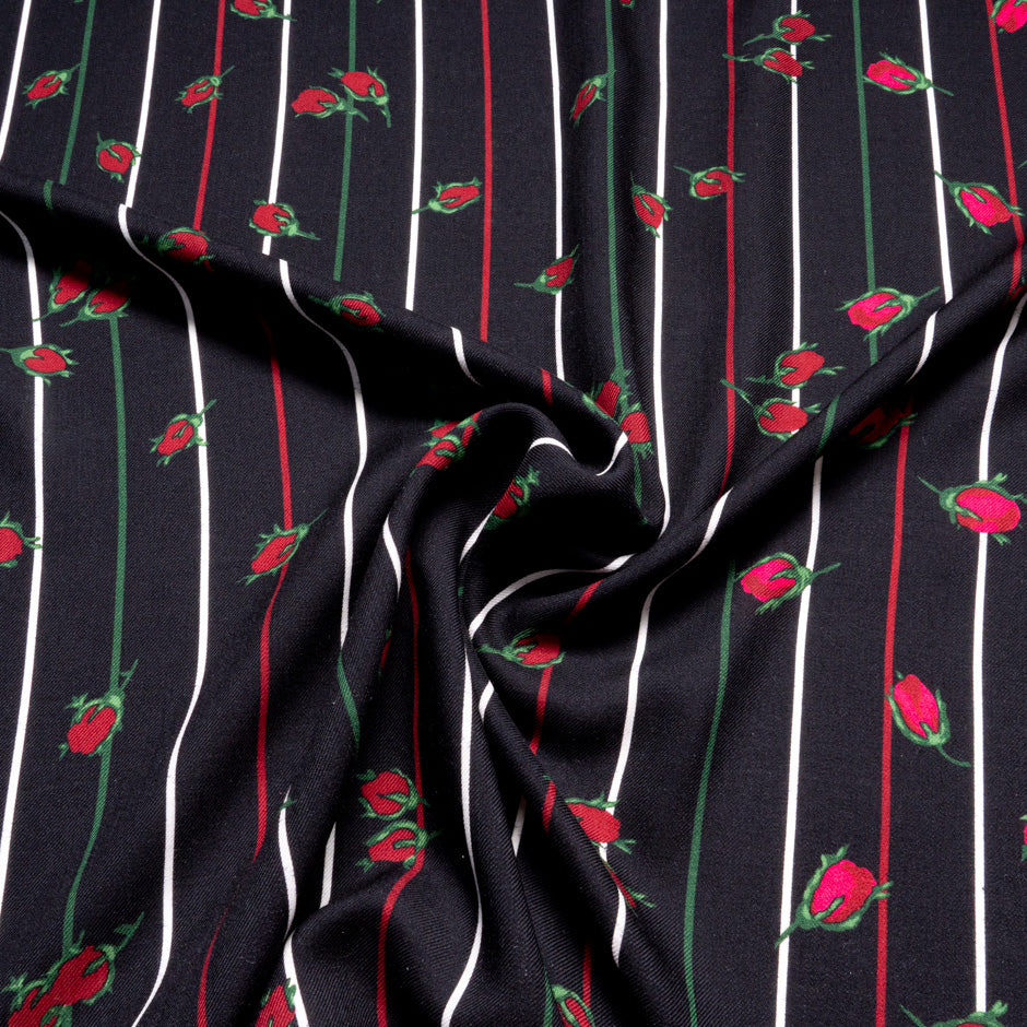 Floral Printed Black Striped Merino Wool