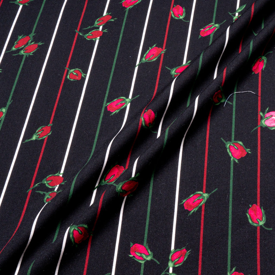 Floral Printed Black Striped Merino Wool