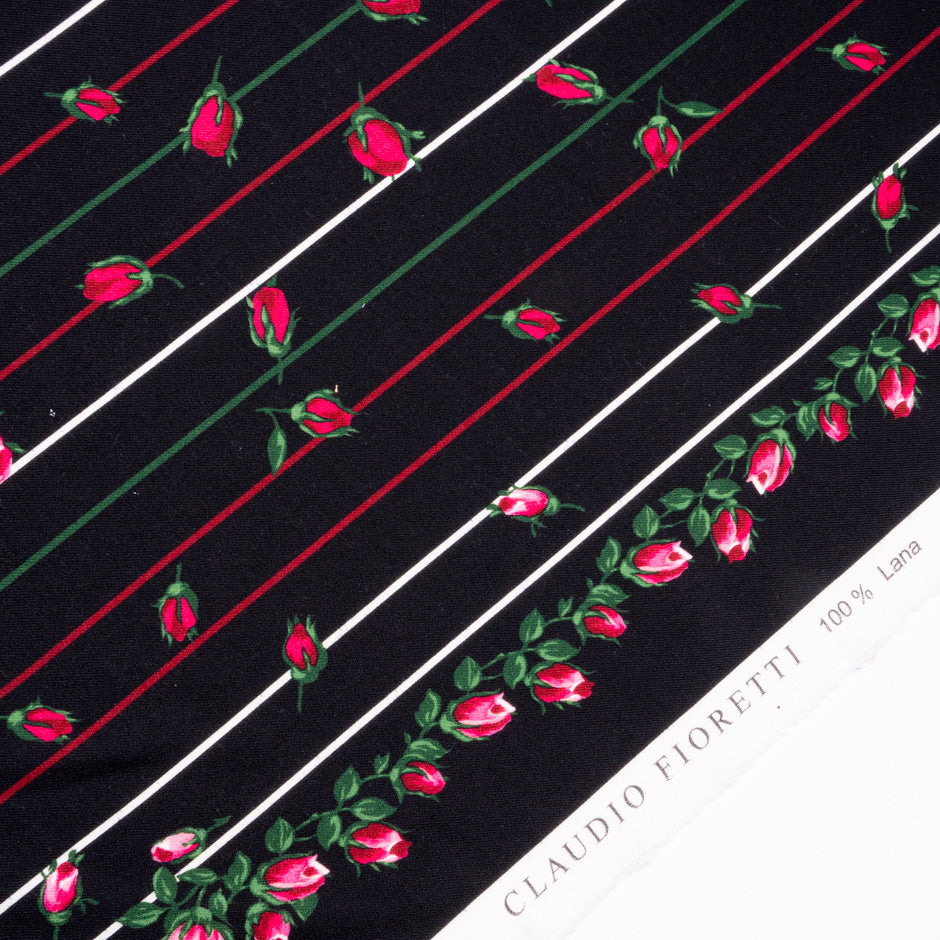 Floral Printed Black Striped Merino Wool