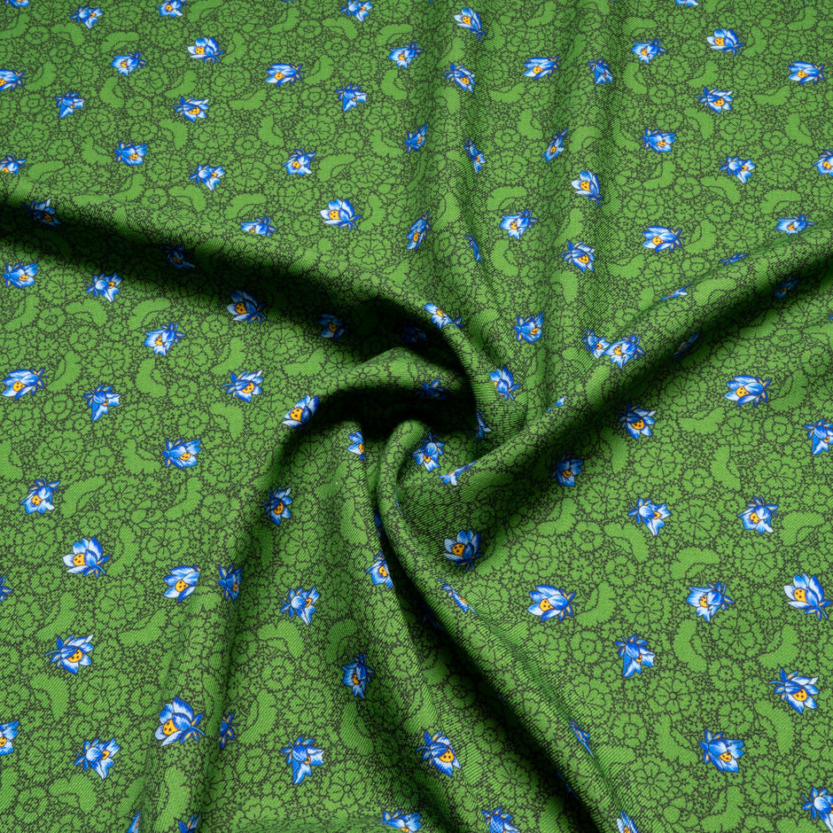 Floral Printed Deep Green Merino Wool