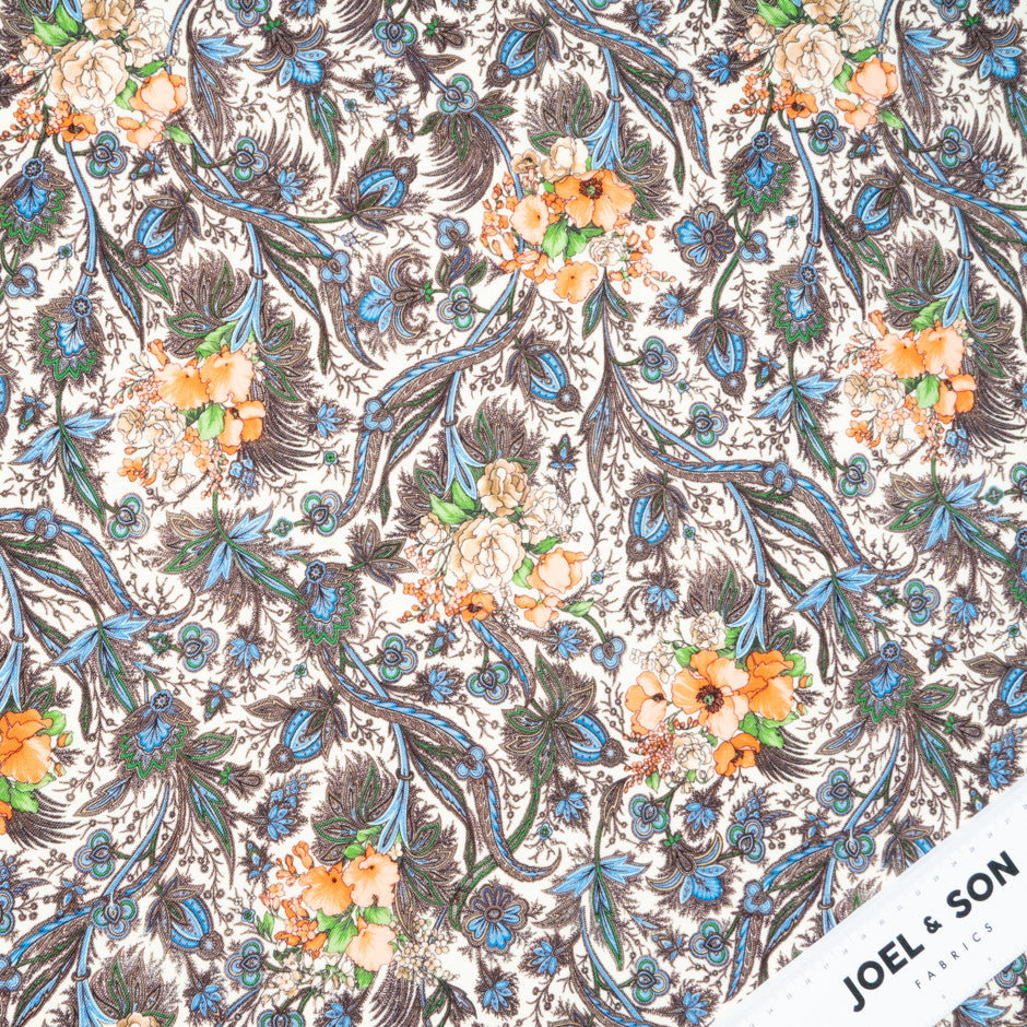 Peach Floral Printed Ivory Pure Wool