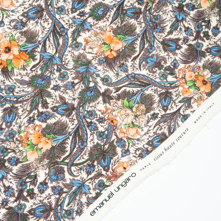 Peach Floral Printed Ivory Pure Wool