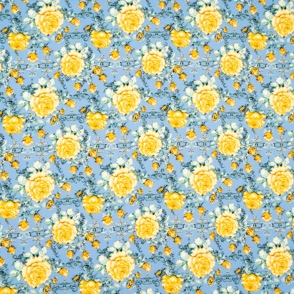 Yellow Rose Printed Sky Blue Pure Wool