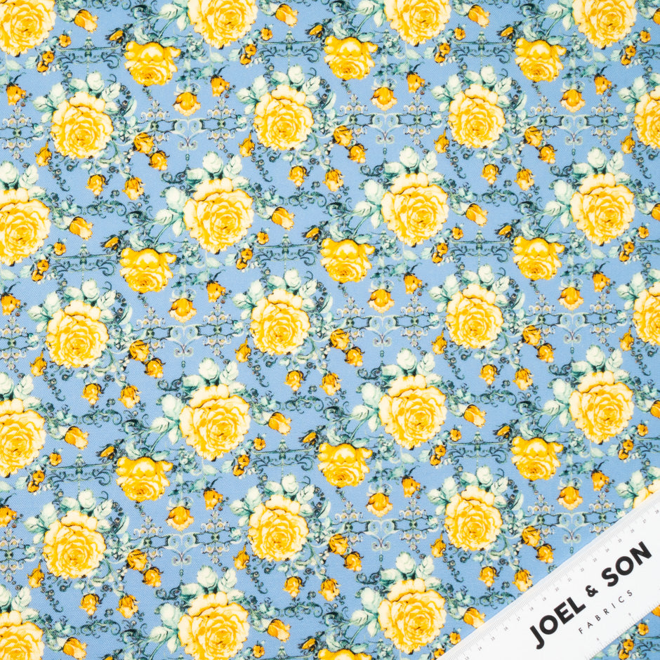 Yellow Rose Printed Sky Blue Pure Wool