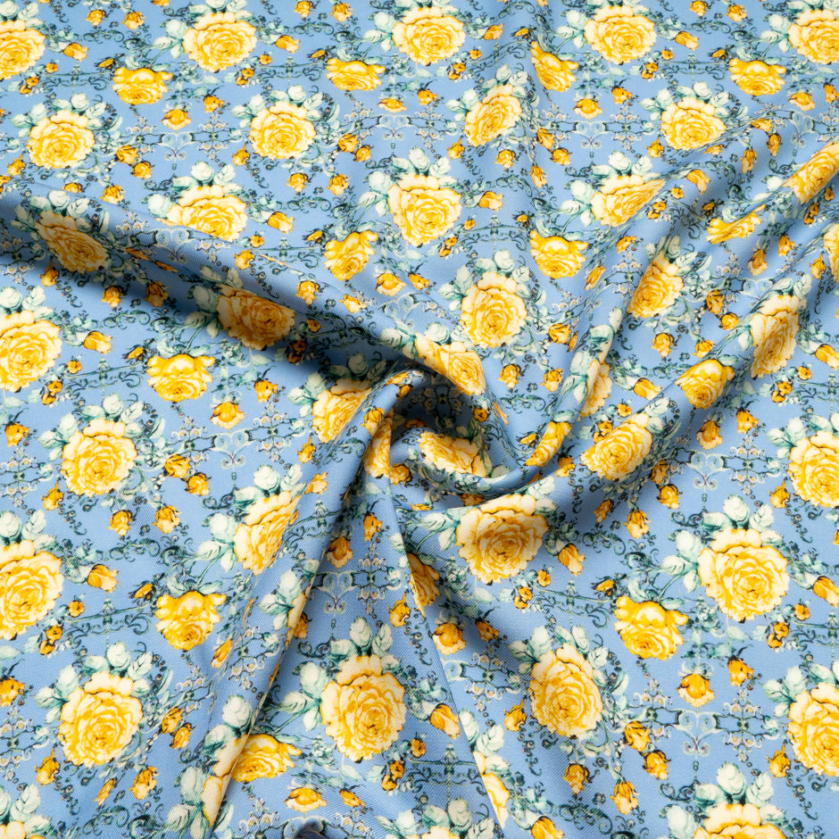 Yellow Rose Printed Sky Blue Pure Wool