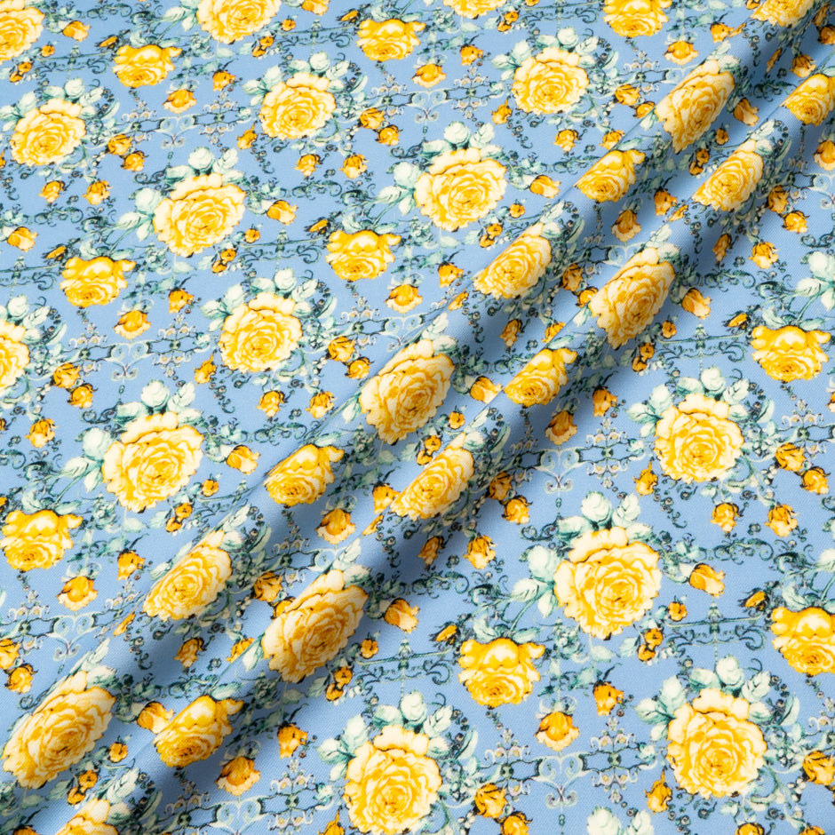 Yellow Rose Printed Sky Blue Pure Wool