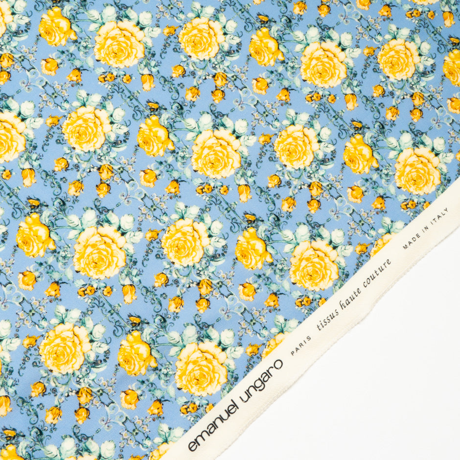 Yellow Rose Printed Sky Blue Pure Wool