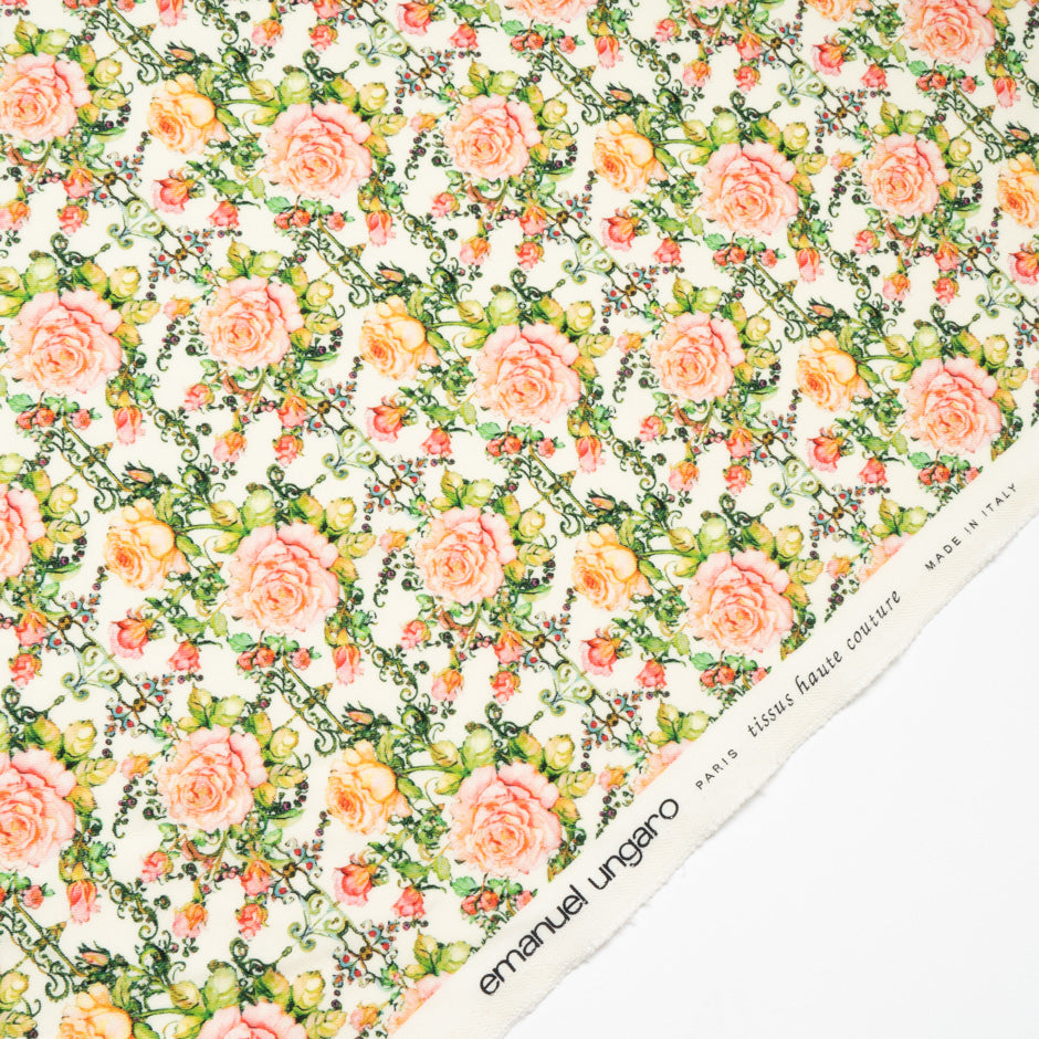 Pink Rose Printed Cream Pure Wool