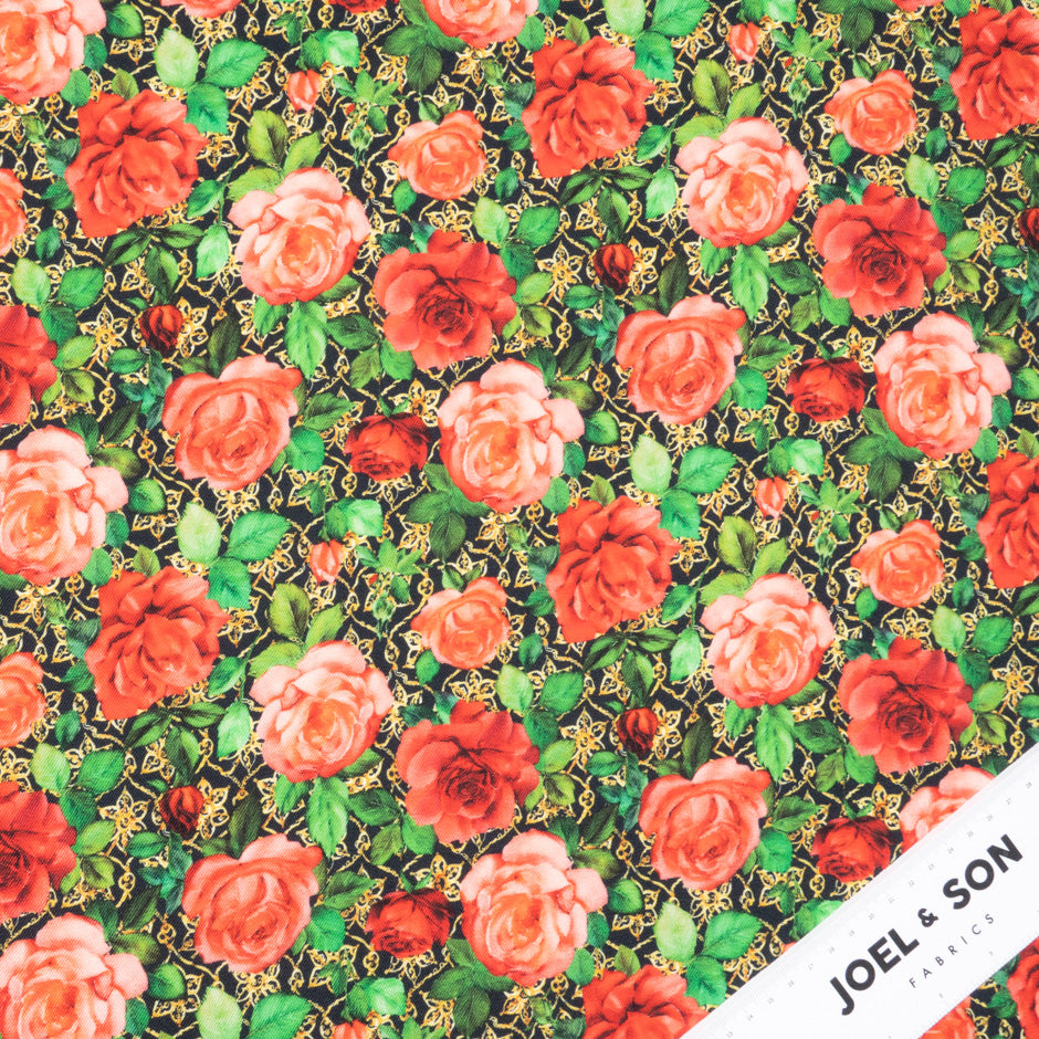 Red Rose Printed Black Pure Wool
