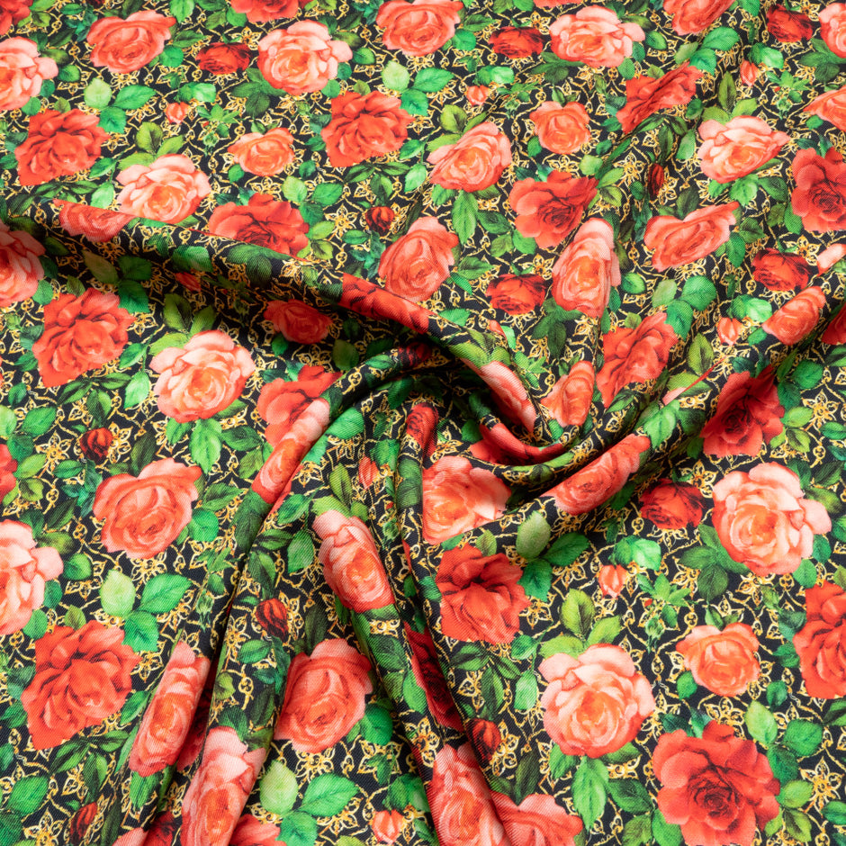 Red Rose Printed Black Pure Wool