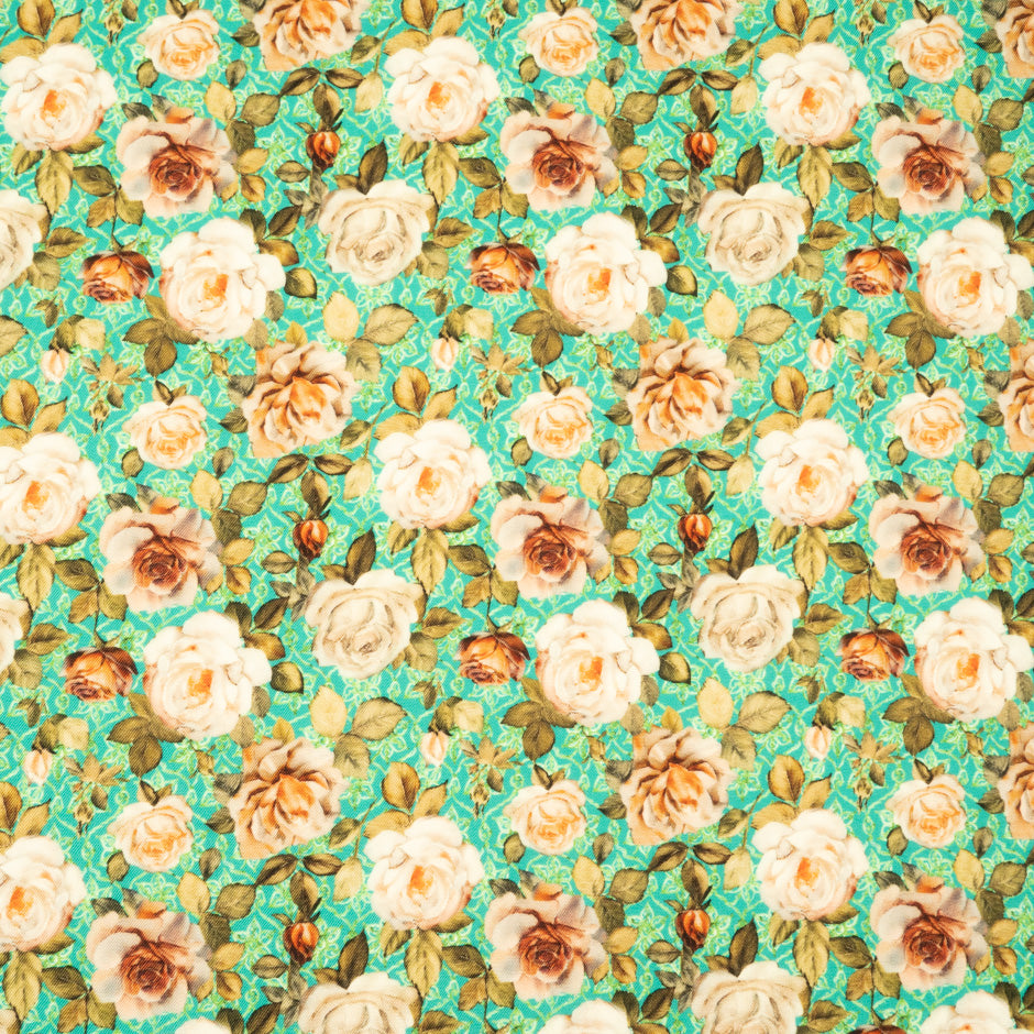 Rose Printed Turquoise Pure Wool