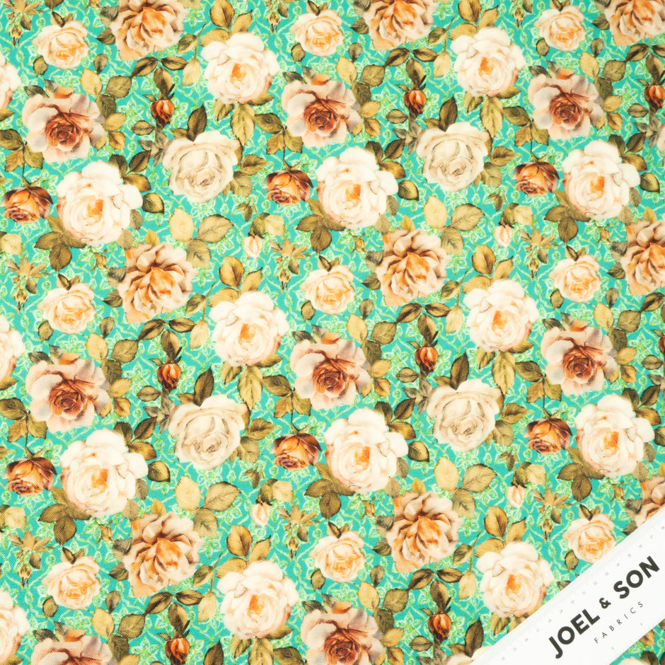 Rose Printed Turquoise Pure Wool