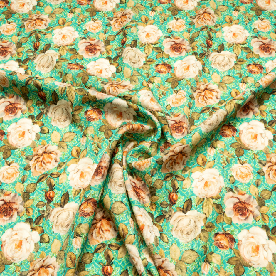 Rose Printed Turquoise Pure Wool