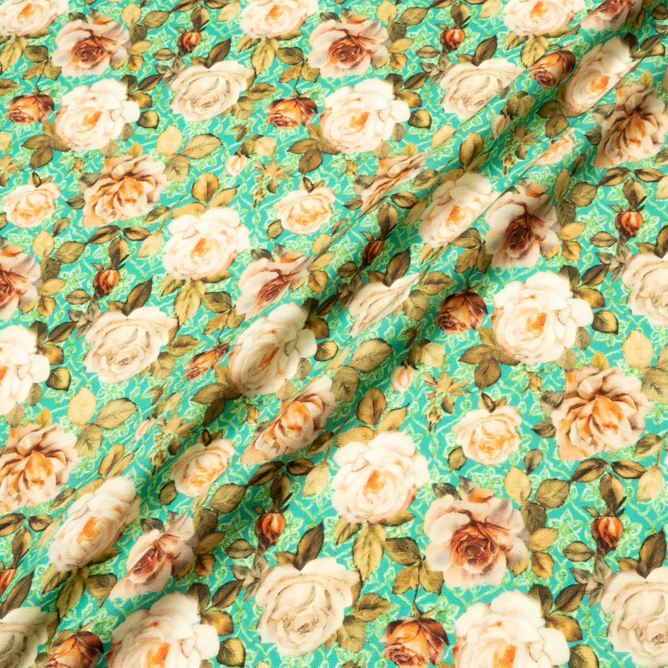 Rose Printed Turquoise Pure Wool