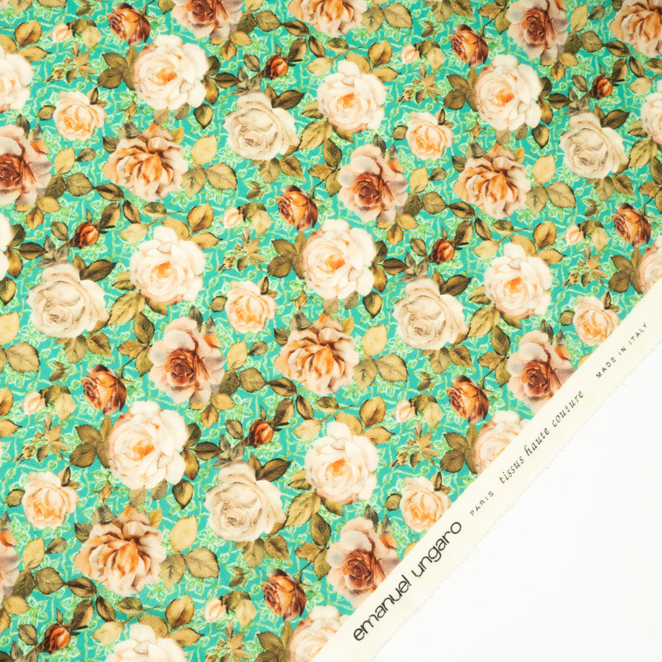 Rose Printed Turquoise Pure Wool
