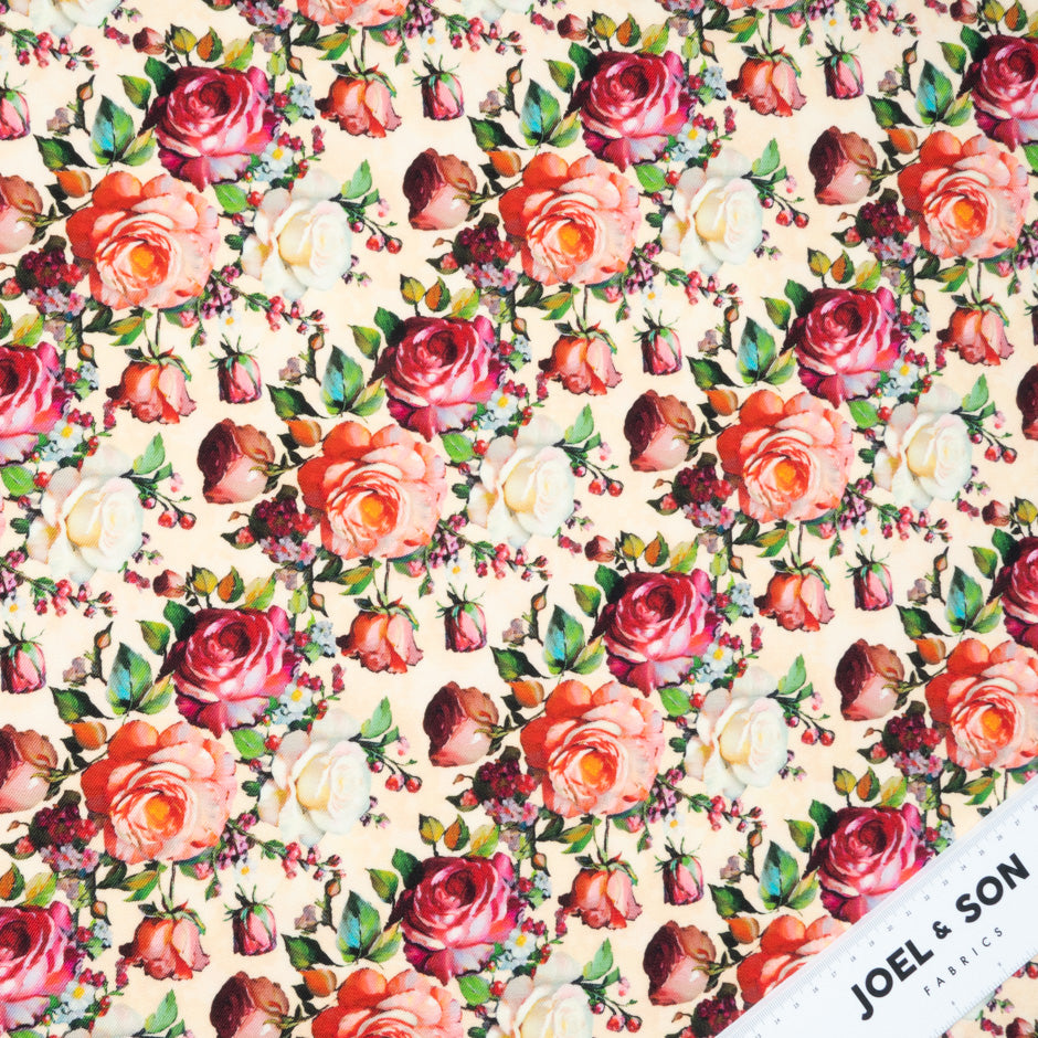 Red & Orange Rose Printed Pure Wool