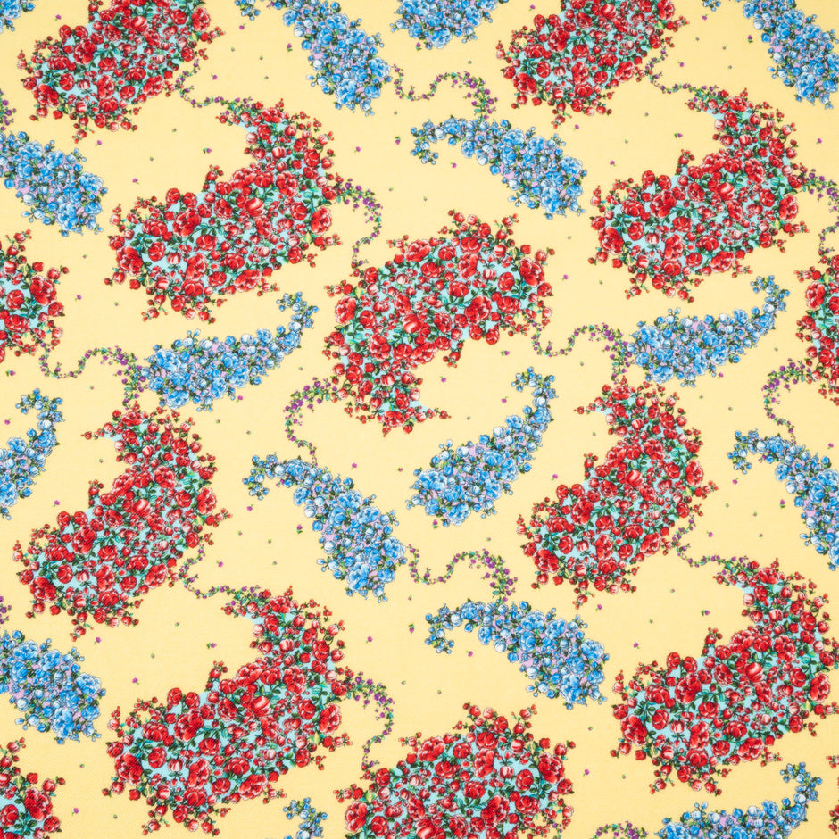 Red & Blue Floral Printed Yellow Challis Wool