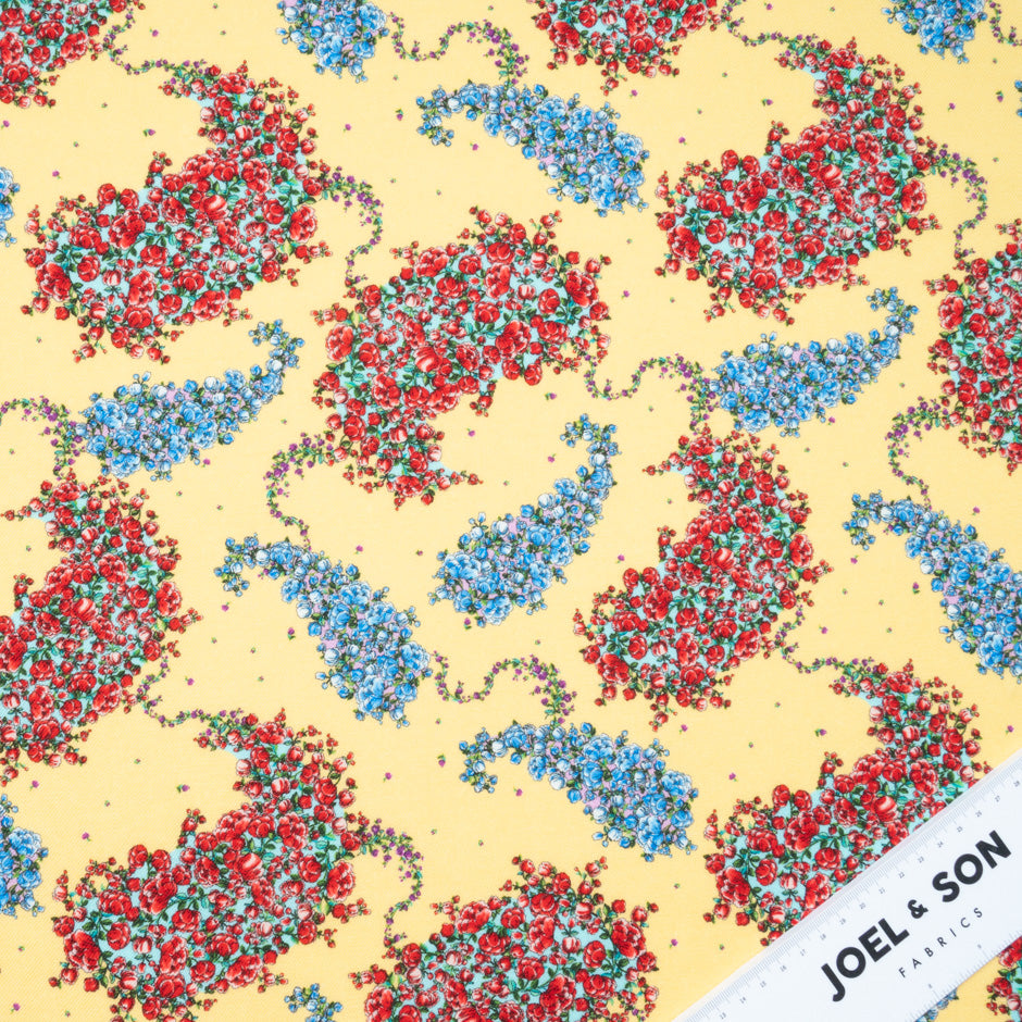 Red & Blue Floral Printed Yellow Challis Wool