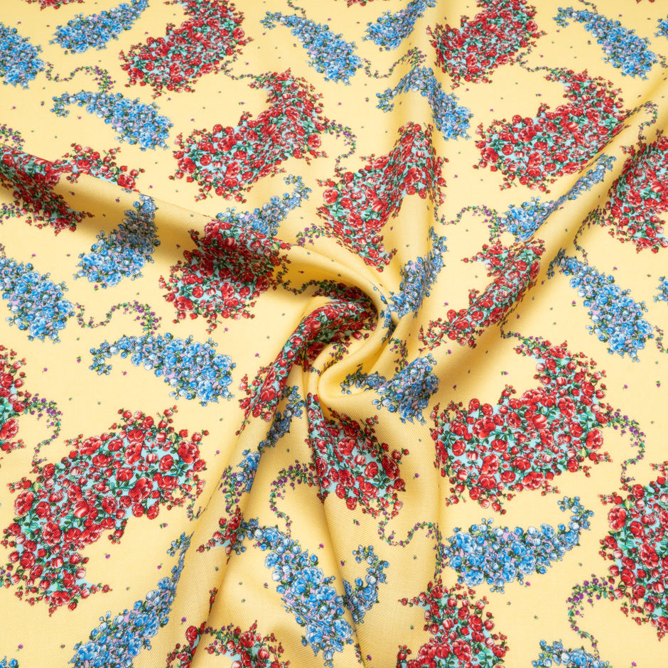 Red & Blue Floral Printed Yellow Challis Wool