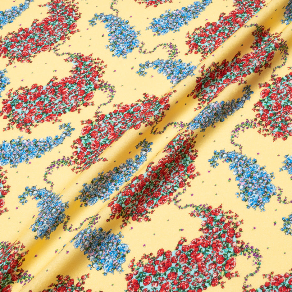 Red & Blue Floral Printed Yellow Challis Wool
