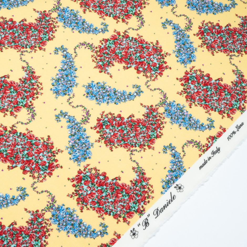 Red & Blue Floral Printed Yellow Challis Wool