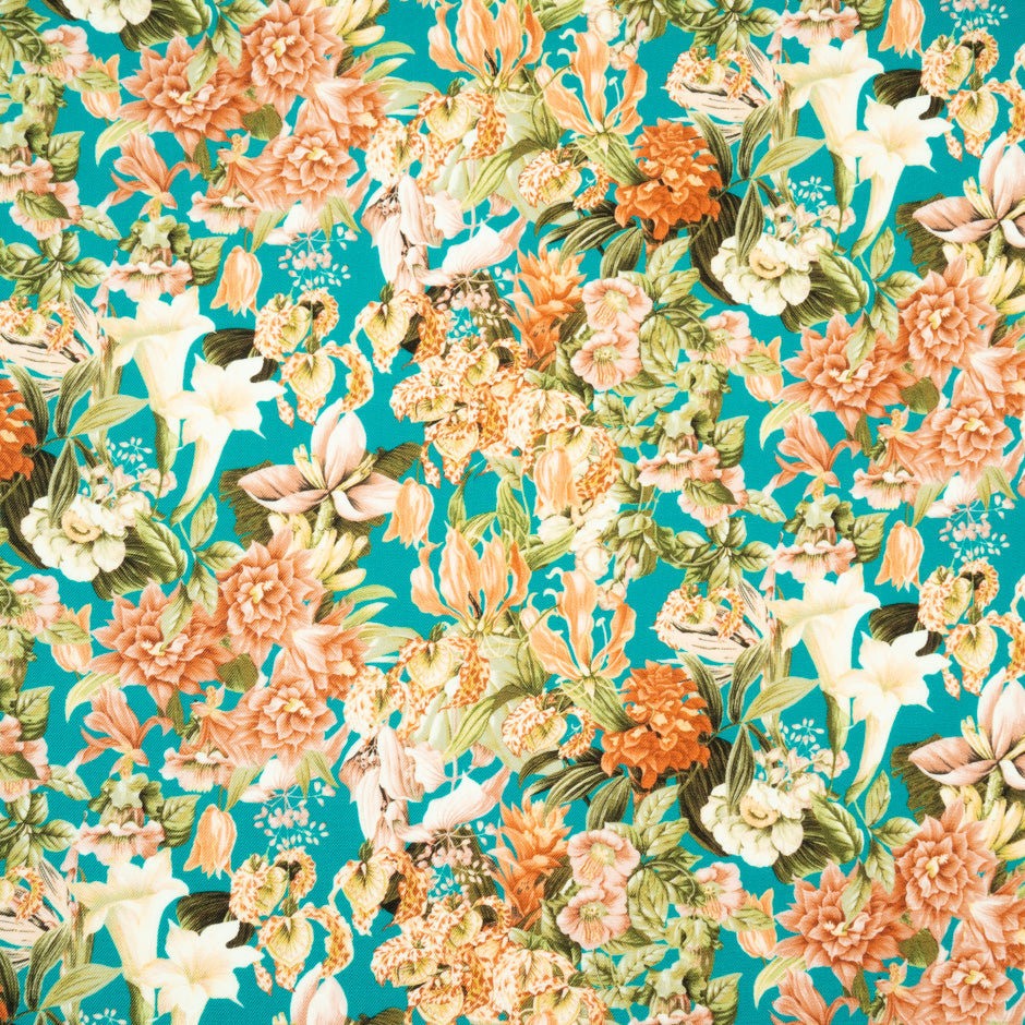 Orange Floral Printed Turquoise Pure Wool