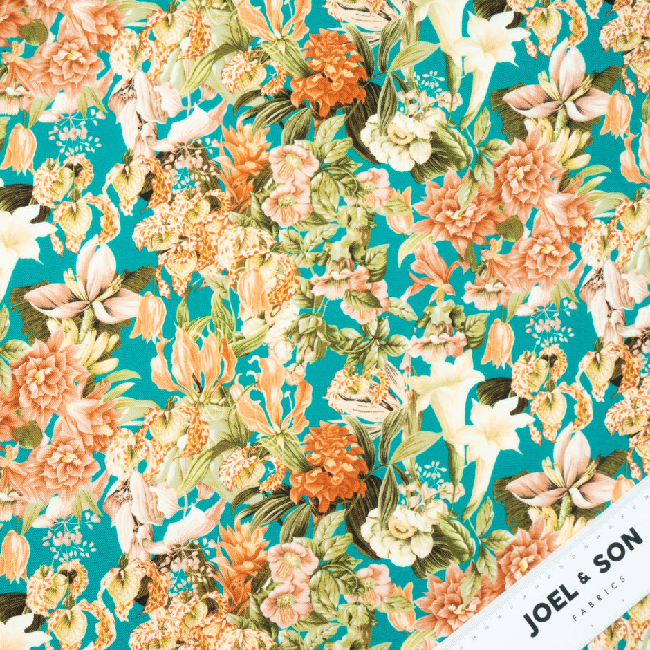 Orange Floral Printed Turquoise Pure Wool