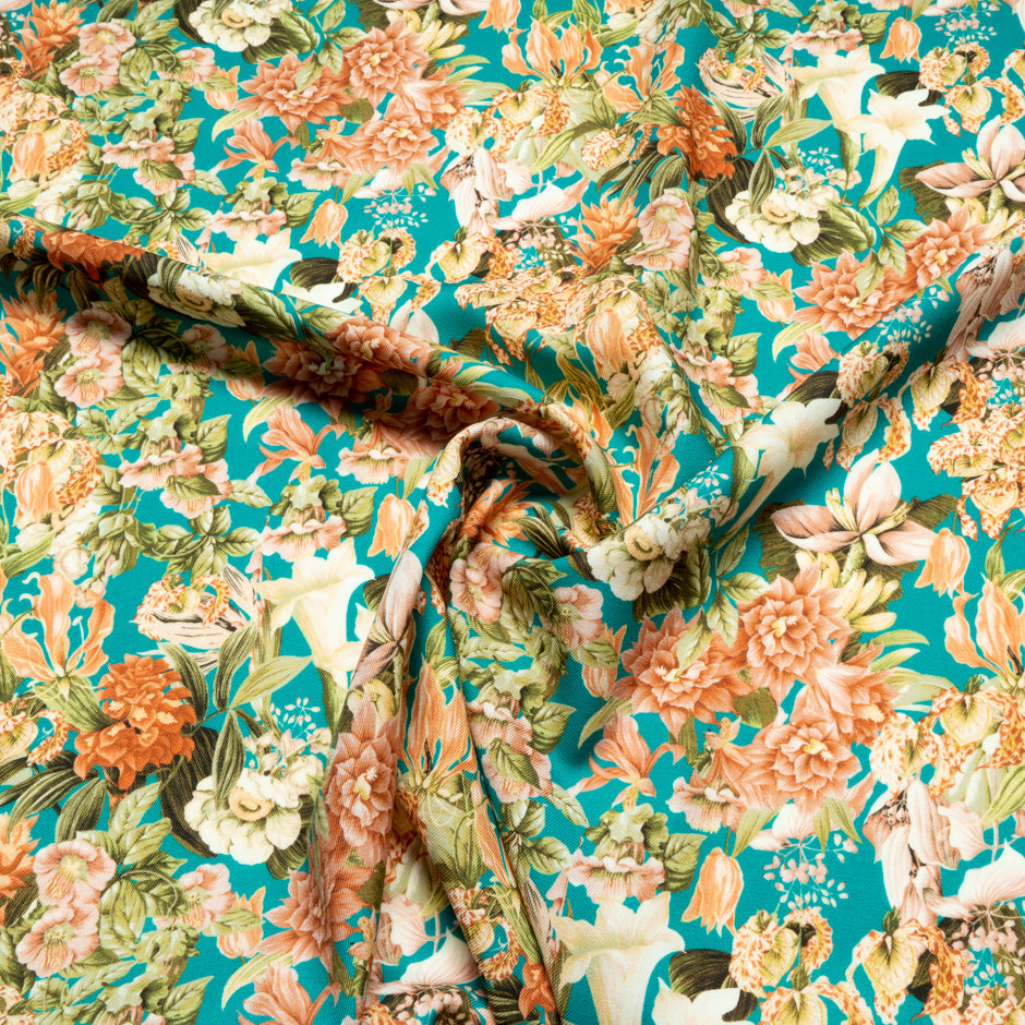 Orange Floral Printed Turquoise Pure Wool